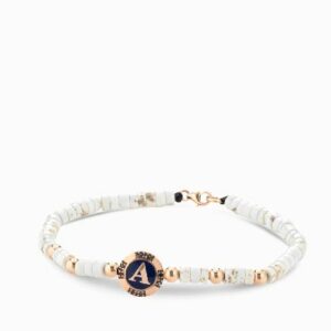 bracciale monetina con diamanti neri ed ematite bianca lettera personalizzata