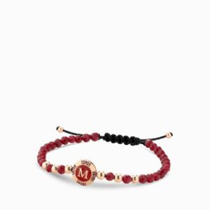 bracciale monetina oro rosa con rubini ed ematite rossa con lettera personalizzata