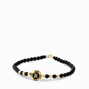 bracciale monetina con onice in oro giallo e diamanti neri con lettera personalizzata