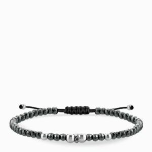 bracciale laccio con ematite grigia in oro bianco con diamante nero central