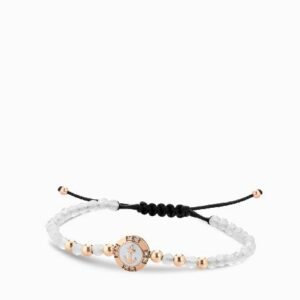 bracciale a monetina in oro rosa con diamanti e ancora ed ematite bianca