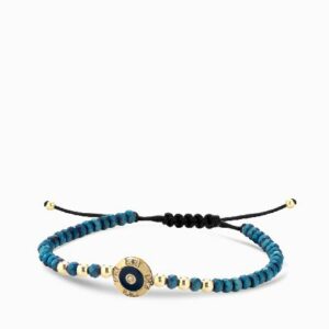 bracciale monetina in oro giallo con diamantini ed ematite blu