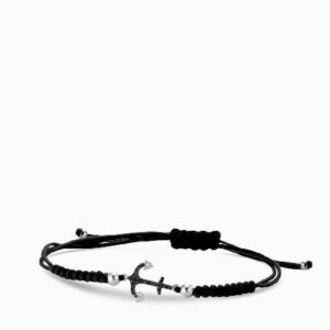 bracciale in oro bianco con laccio nero e ancoretta di diamanti neri e bianchi