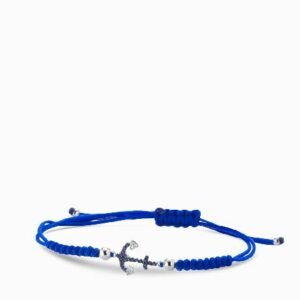 bracciale in oro bianco con laccio blu e ancoretta di zaffiri e diamanti