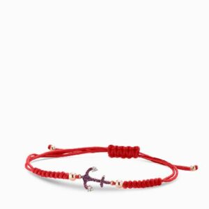 bracciale in oro rosa con laccio rosso e ancoretta di rubini e diamanti