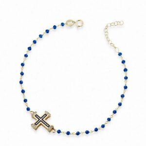 bracciale in oro giallo con catena pallinata croce smaltata blu e diamanti