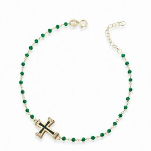 bracciale in oro giallo con catena pallinata croce smaltata verde e diamanti