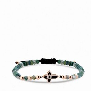 bracciale con croce in oro rosa smaltata nera e diamanti con ematite verde