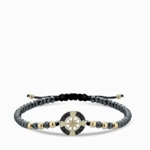 bracciale rosa dei venti in oro giallo con ematite e diamanti neri