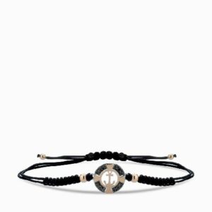 bracciale laccio nero con ancora in oro rosa e diamanti neri