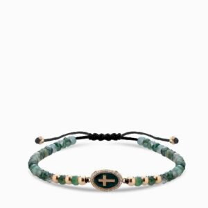 bracciale con croce smaltata verde oro rosa con ematite e diamanti