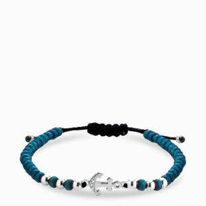 bracciale ematite blu con ancora e sfere in oro bianco e diamanti