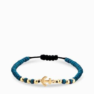 bracciale ematite blu con ancora e sfere in oro giallo e diamanti