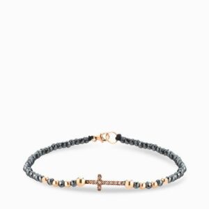 bracciale ematite con sfere in oro rosa croce centrale con diamanti e chiusura
