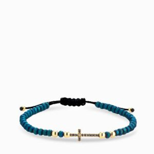 bracciale ematite blu con sfere in oro giallo croce centrale con diamanti e zaffiri