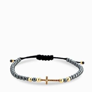 bracciale ematite con sfere in oro giallo croce centrale con diamanti e rubini