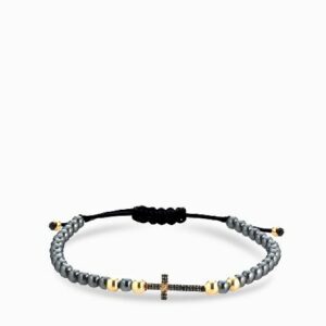 bracciale ematite con sfere in oro giallo croce centrale con diamanti bianchi e diamanti neri