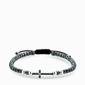 bracciale ematite con sfere in oro bianco croce centrale con diamanti bianchi e diamanti neri