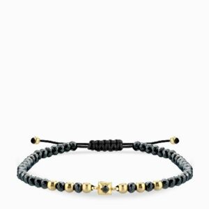 bracciale laccio con ematite grigia in oro giallo e punto luce centrale di diamante nero