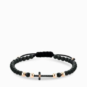 bracciale onice con sfere in oro rosa croce centrale con diamanti bianchi e diamanti neri
