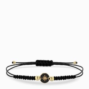 bracciale laccio nero in oro giallo con monetina centrale e rosa dei venti di diamanti