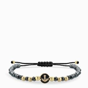 bracciale laccio con ematite in oro giallo con monetina centrale e ancora di diamanti