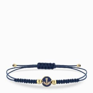 bracciale laccio blu in oro giallo con monetina centrale e ancora di diamanti
