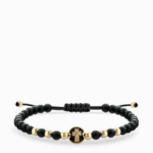 bracciale laccio in oro giallo con onice monetina centrale con croce e diamanti