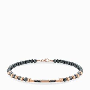 bracciale con ematite e sfere oro rosa con bacchetta smile con diamanti neri
