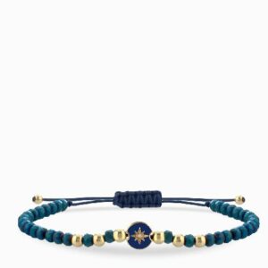 bracciale laccio in oro giallo ematite blu con monetina rosa dei venti con diamanti
