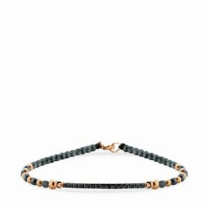 bracciale con sfere in ematite e oro rosa bacchetta con diamanti neri