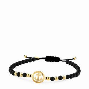 bracciale in cordino con sfere in onice e oro giallo ancora e diamanti 1