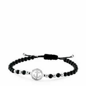 bracciale in cordino con sfere in onice e oro bianco ancora e diamanti