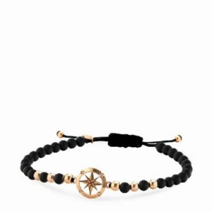 bracciale in cordino con sfere in onice e oro rosa rosa dei venti e diamanti