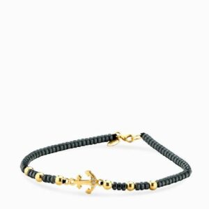 bracciale in laccio con ematite sfere e ancora in oro giallo e diamanti