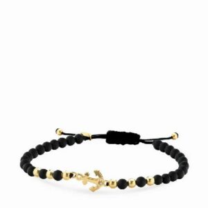 bracciale in cordino con sfere in onice e oro giallo ancora e diamanti