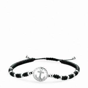 bracciale in cordino con ematite ancora con diamante e sfere in oro bianco