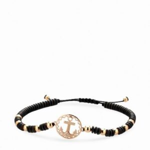bracciale in cordino con ematite ancora con diamante e sfere in oro rosa