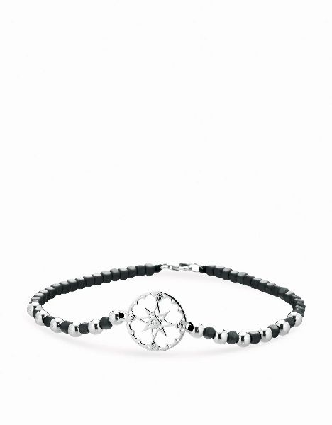 bracciale in cordino con ematite e sfere in oro rosa dei venti in oro bianco e diamante