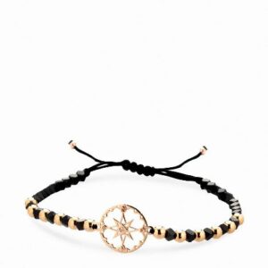 bracciale in cordino sfere in ematite briole e oro e rosa dei venti in oro rosa e diamante