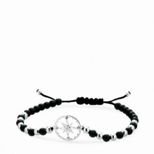 bracciale in cordino sfere in onice e oro bianco rosa dei venti e diamante