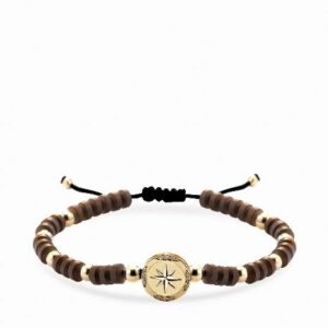 bracciale in cordino sfere in ematite e sfera centrale con rosa dei venti in oro giallo e diamanti