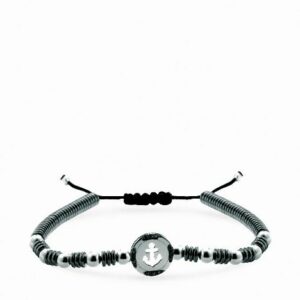 bracciale in cordino con sfere in ematite e sfera centrale ancora in oro bianco e diamanti neri