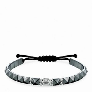 bracciale in cordino con ematite piramidale e inserto con timone in oro bianco