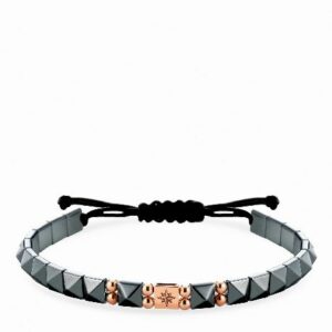 bracciale in cordino con ematite piramidale e inserto rosa dei venti in oro rosa