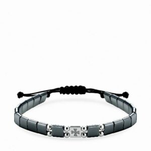 bracciale in cordino con ematite quadrata e inserto croce in oro bianco