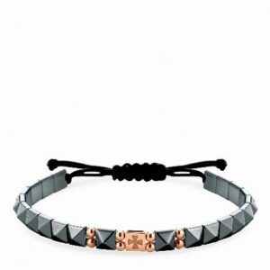 bracciale in cordino con ematite piramidale e inserti in oro rosa croce
