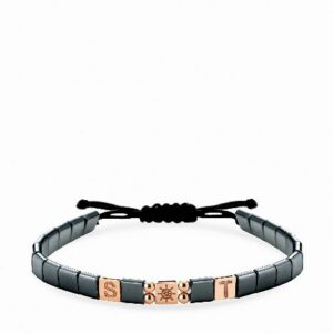 bracciale in cordino personalizzabile con ematite quadrata e inserti in oro rosa timone