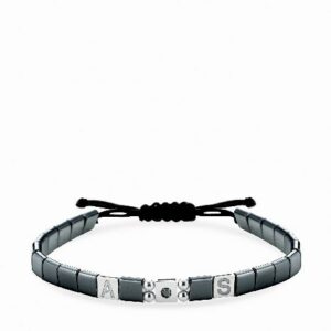 bracciale in cordino personalizzabile con ematite quadrata inserti in oro e diamante nero