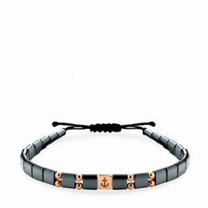 bracciale in cordino con ematite quadrata ed inserto con ancora in oro giallo
